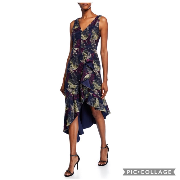 Aidan Mattox  asymmetrical V-neck Ruffle Hem sleeveless midi dress - Picture 3 of 13